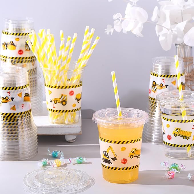 Yungyan 50 Sets Construction Truck Plastic Cups with Lids and Straws 16 oz Disposable Coffee Juice Drinking Hot Cold Clear Cup for Home Birthday Baby Shower Party Favors Supplies Decoration Holiday