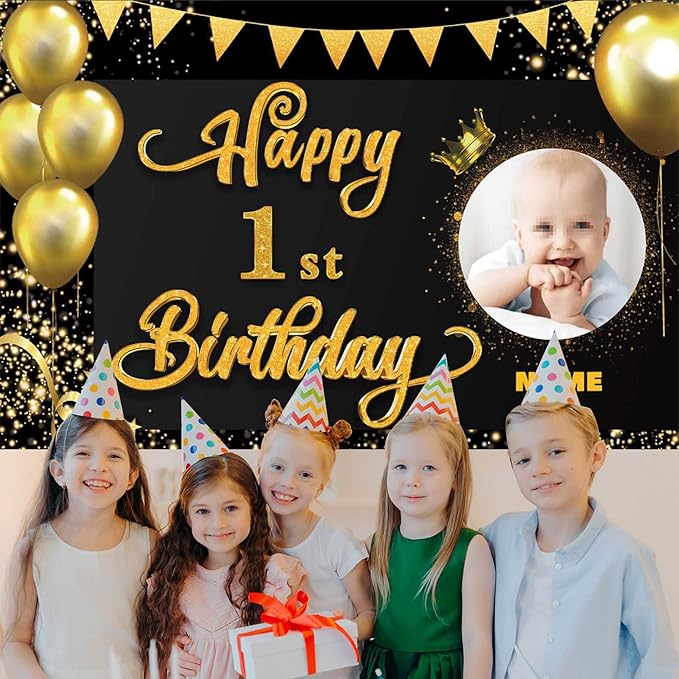 Custom Happy 1st Birthday Decorations Banner -1 Years Old Backdrop forwomenmen Boys Girls - Personalization Party Supplies Black and Gold, 4x6ft/5x7.5ft/6x9ft/7x10.5ft/8x12ft