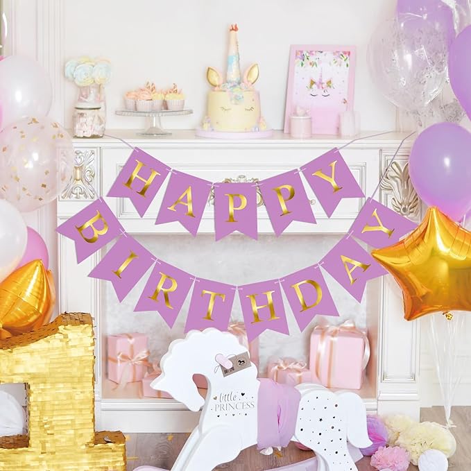 Happy Birthday Banner Birthday Party Banner NO DIY Happy Birthday Sign Pre-Strung Birthday Hanging Decoration for Women Men Girl Boy Party Supplies (Purple and Gold)