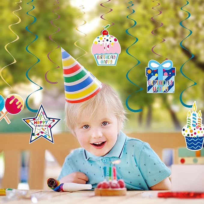 Pre-Strung Blue Birthday Decorations Boys - 9PCS Happy Birthday Banner Hanging Swirls Decorations Supplies Cheers to Boy's Birthday Party