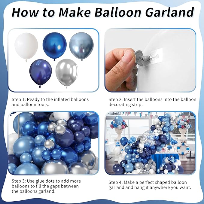 Blue White Silver Balloon Arch Kit, Navy Blue Silver White Balloon Garland with Metallic Dark Blue Light Blue Silver Balloons for Boys Men Birthday Baby Shower Graduation Wedding Party Decorations