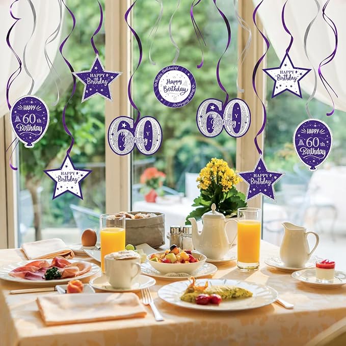 Happy 60th Birthday Purple & Silver Glitter Swirls Streamers Party Decorations - 15 Pcs 60th Birthday Hanging Swirls Streamers Kit,Cheers to Sixty Years Old Bday Party Sign.
