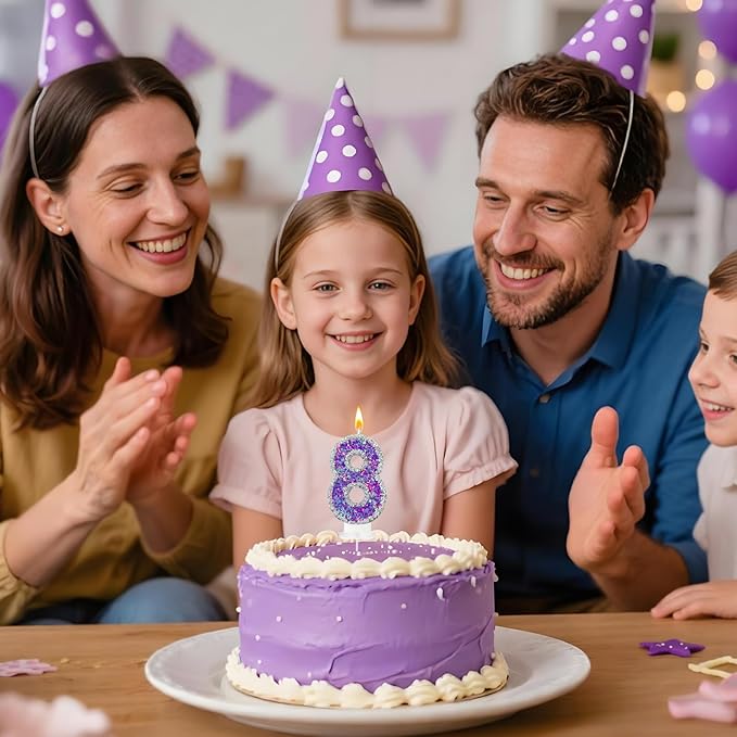 K-pop Number 8 Birthday Candle, Star Glitter Filled Number Candle, Purple Silver Fantasy Cake Topper for Birthday Party Decoration
