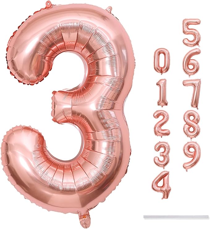 Rose Gold Number 3 Balloon for Girls, 40 Inch Large Number 0-9 Foil Mylar Helium Digital Balloons Set for Women Birthday Graduation Anniversary New Year Wedding Party Decorations Celebration Supplies