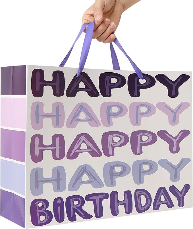 Qirrmiy 16.5" Extra Large Purple Happy Birthday Gift Bag Set with Handles, Greeting Card, Tissue Papers and Stickers for Women Girls Kids Teens, Words Design, 1 Pcs