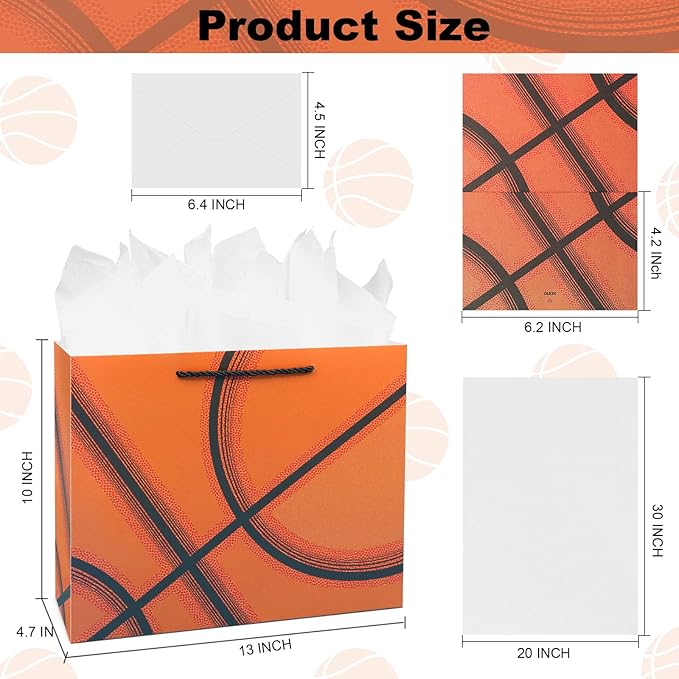 Oletx 13” Basketball Party Favor Gift Bags, Large Basketball Gift Wrapping Bag with Tissue Paper for Sports Party Birthday Goodie Gifts Treat Wrapping Bags