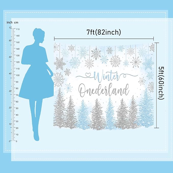 Mocsicka Winter Onederland Backdrop Winter Wonderland First 1st Birthday Party Decoration for Girl Pink Silver Snowflake Christmas Birthday Banner Photo Booth Props (Blue, 8x6ft(96''x72''))