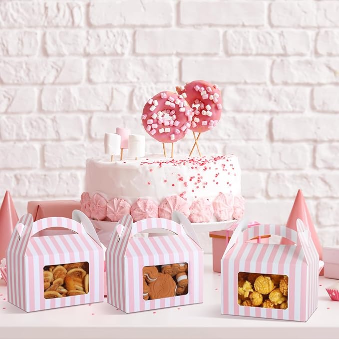Mooliwe 50 Pcs 6 x 3.5 x 3.5 Inch Pink and White Striped Gable Boxes for Valentines Party Favors Bulk Pink Small Paper Treat Goodie Gifts Box with Clear Window Handle for Baby Shower Birthday Wedding
