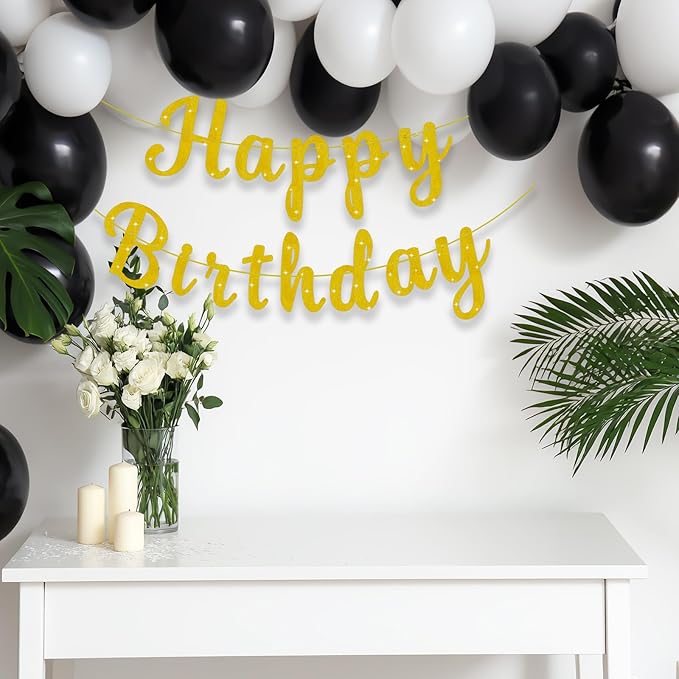 Pre-Strung Glitter Happy Birthday Banner Garlands Gold Happy Birthday Sign Banners for Women Men Boys Girls Party Backdrop Wall Door Decorations