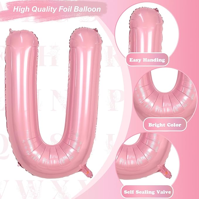 40 Inch Pastel Pink Letter Balloon U, Giant Custom Alphabet U Foil Balloon Baby Pink, Mylar Balloons Light Pink for Girls, Helium Alphabet U Balloons for Women Girls Birthday Party Decorations