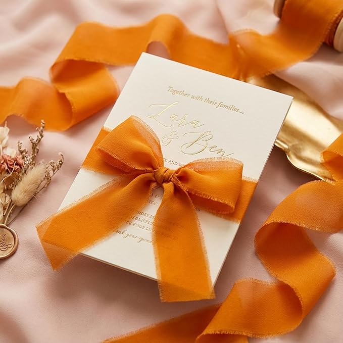 Handmade Chiffon Ribbon 1.5 Inch Wide, 3 Rolls 21 Yards, Terracotta Frayed Edge Fabric Ribbon for Wedding Decor, Floral Design, Gift Wrapping & Craft Projects(Terracotta)