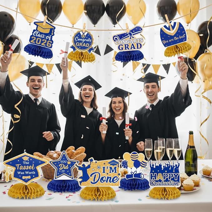 Graduation Decorations Class of 2026 Honeycomb Centerpieces, 9PCS Graduation Centerpieces for Tables, Congrats Grad Table Toppers Decor for 2026 Kid Men Women Graduations Party Decorations (Blue Gold)