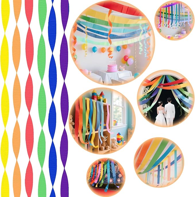 6 Crepe Paper Streamers Rolls, 492ft 6 Colors Rainbow Streamers for Birthday Wedding Bachelorette Party Decorations, DIY Crafts Supplies (1.8 inch x 82 ft/Roll)