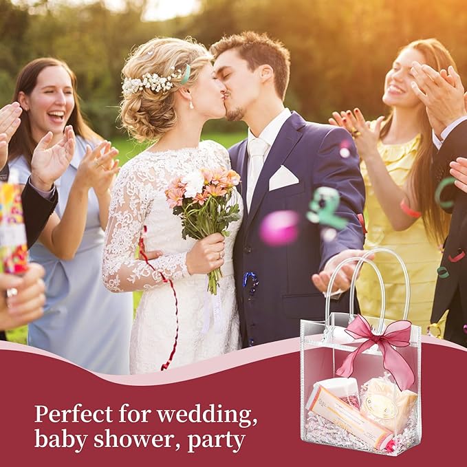 Jutieuo 50 PCS Clear Plastic Gift Bags with Handles, 4.9 x 5.9 x 2.8 inches Small Reusable Transparent Party Favor Bags PVC Goodie Bags Bulk for Weddings, Baby Showers, Birthdays