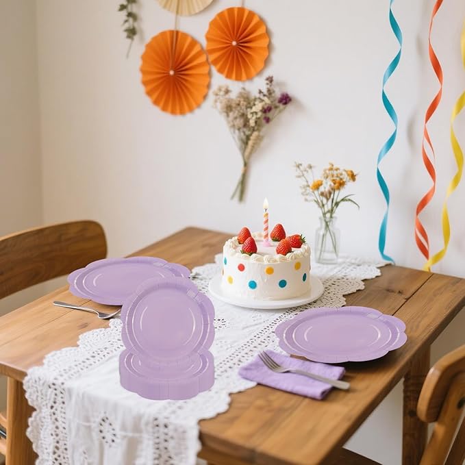 50 Pack Light Purple Paper Plates 7 Inch, Disposable Scalloped Plates Cake Dessert Plate for Dinner Baby Shower Wedding Bridal Shower Birthday Party Supplies (Light Purple, 7 inch)