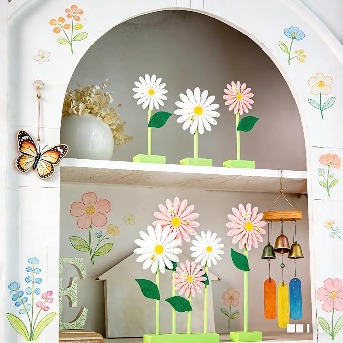 SUNBEAUTY 8PCS Daisy Felt Centerpieces for Tables Pink White Flower Birthday Party Daisy Birthday Decorations Spring Floral Table Centerpieces for Girl Birthday Baby Shower Garden Easter Party