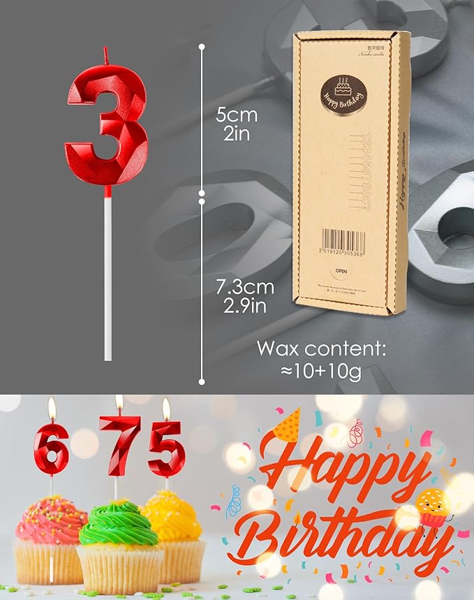 Red Birthday Candles for Cake, Number 50 Candle for 50th Birthday Decorations, 3D Design Cake Topper Decorations for Women Men Birthday Theme Party Anniversary Celebration Supplies