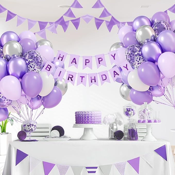 60pcs Purple and Silver Balloons 12inch with Pearl Purple White Metallic Silver Confetti Balloons for Wedding Bridal Baby Shower Birthday Party Decorations