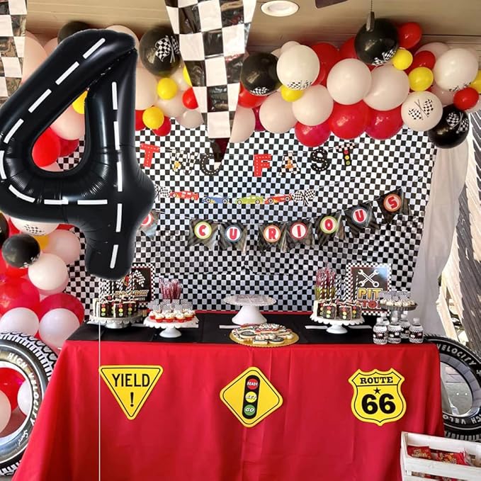 TONIFUL Race Car Black Balloons Car Birthday Party Supplies,40 Inch Giant Jumbo Helium Foil Mylar Big Number 4 Digital 4 Balloons for Boy's Birthday Party Truck Race Car Theme Party Decorations