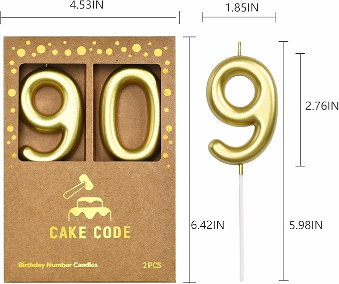 2.76 Inch Classical Gold 90 Number Birthday Candles, Gold Number Candles, Cake Number Candles, Party Celebration