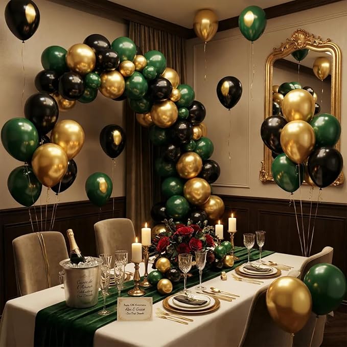 Hiquaty Green and Gold Balloons,60pcs Dark Green Balloons,12 inch Gold Balloons and Black Balloons with Gold Ribbon for St. Patrick's Day Party Wedding Bridal Shower Decorations