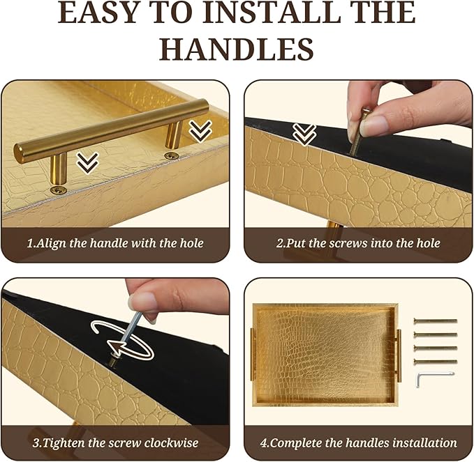 SXNOWS 17"x12" Gold Faux Leather Serving Tray with Gold Handles, Rectangle Decorative Tray for Ottoman, Coffee Table, Kitchen, Bar, Gift for Home Decor