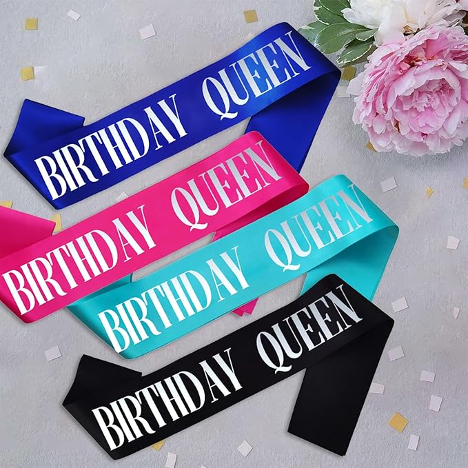 Birthday Queen Sash, Silver Foil Black Birthday Sash for Women 21st 30th 40th 50th 60th 70th Fun Birthday Party Favors Gifts Decorations