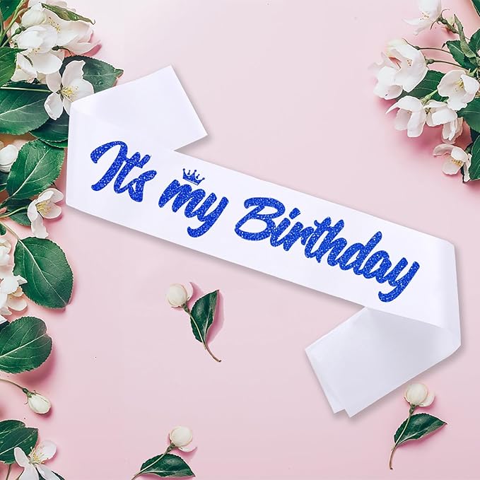 It's My Birthday Sash White with Glitter Royal Blue Letters Happy Birthday Sash for Men Boy Bday Gift Ideas Party Favors