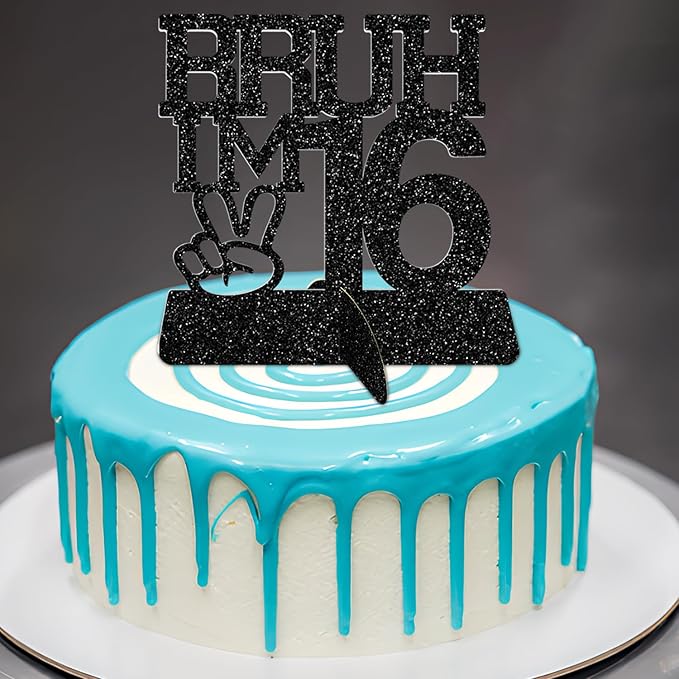 Bruh I'm 16 Black Glitter Center Pieces Decoration - Funny 16th Birthday Party Decorations for Boys, 16th Birthday Centerpiece, Teen Boy Birthday Decor, Party Supplies (Bruh I,m 16)
