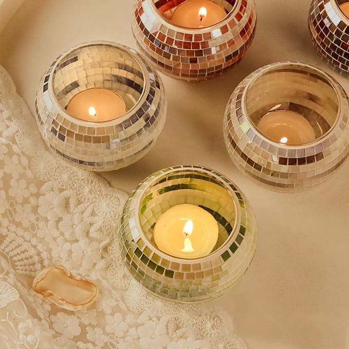 SOUJOY 6 Pack Votive Candle Holder, Handmade Mosaic Glass Tealight Holders, Diwali Decorative Scented Candle Bowl for Valentine, Party, Christmas Table Centerpiece Decor