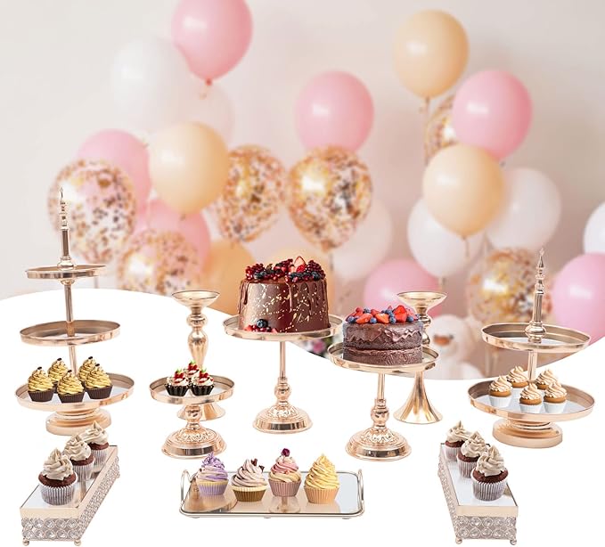 Set of 10 Pieces Metal Cake Stands, Round Cake Stands, Square Candy Fruite Display Plate, Cupcake Serving Tower, for Tea Party, Birthday, Wedding, Anniversary, Celebration, Home Decor