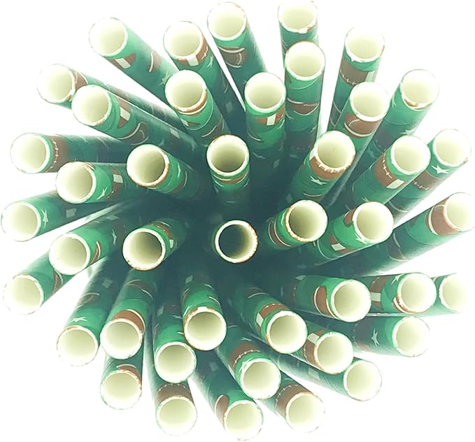100 pcs Sports Party Paper Straws, Ombre Green Stripe White Star Brown Rugby Football Bar Soda Beer Drinking Straws, Cute Biodegradable Decor Game Day Cake Pop Sticks (Green With Football)