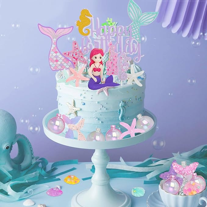 Mermaid Cake Toppers for Girl 30pcs Little Mermaid Figurine Under The Sea Ocean Cake Decor Seaweed Bubble Starfish Shell Mermaids Tail Cupcake Picks for Mermaids Princess Birthday Baby Shower