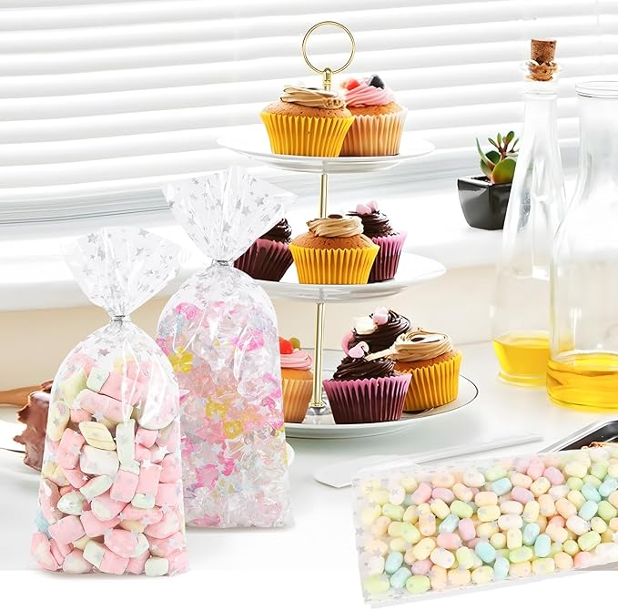 100 Pcs 5 x 11 Inch Clear Cellophane Treat Bags with 100 Silver Twist Ties, Silver Star Printed Heat Sealable Candy Cookie Bags for Bakery, Birthday Party Favors, Wedding, Gift Wrapping