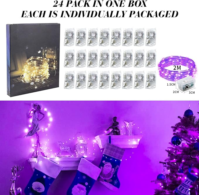 24 Pack Fairy Lights Battery Operated, 7FT 20 Mini LED Silver Wire Twinkle Lights for DIY, Parties, Wedding, Bedroom, Christmas Decoration (Purple)
