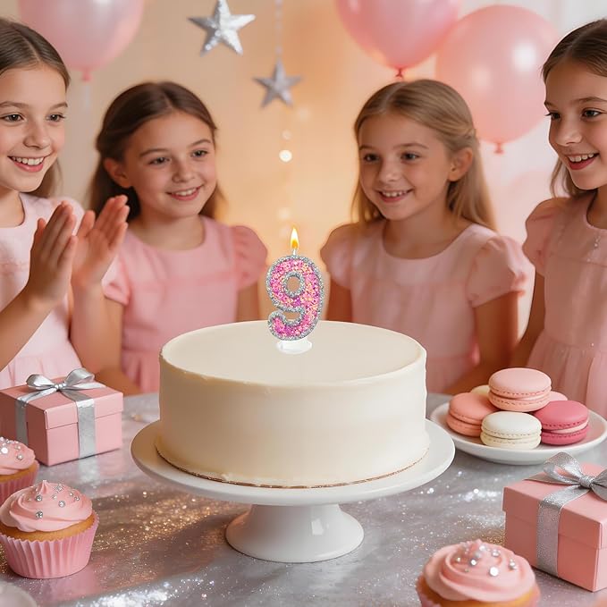 Number 9 Birthday Candle for Cake – Silver Glitter Edge with Pink Star Confetti – Decorative Number Cake Topper for Anniversary & Celebration Party Decor