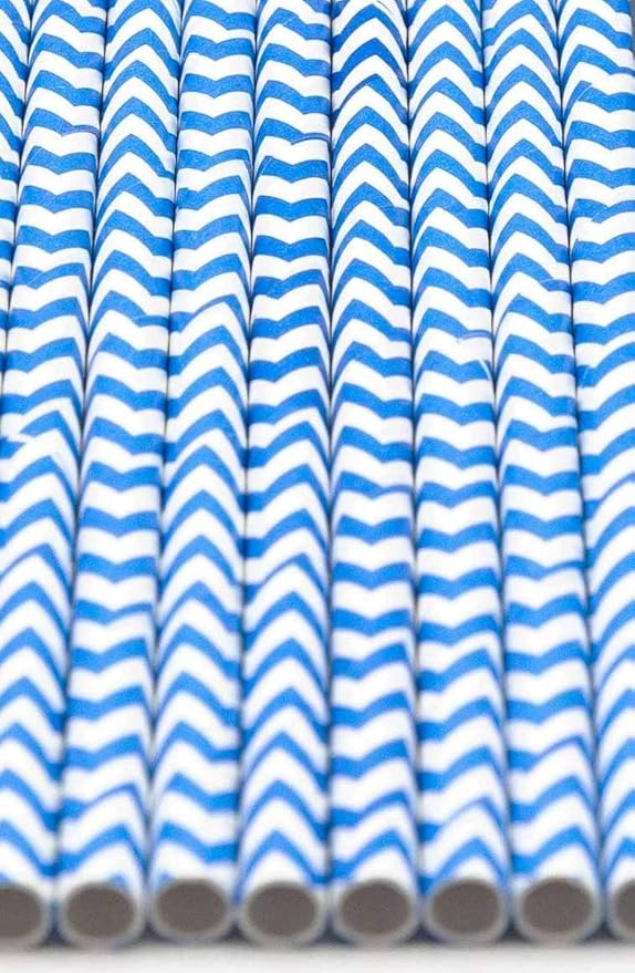 Pack of 300 Sky Blue Chevron Biodegradable 4-Ply Paper Drinking Straws (Compostable, Non-toxic, BPA-free)