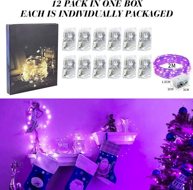 ZGWJ 12 Pack Battery Powered Fairy Lights, Mixed Colors 7Ft 20 Mini LED Silver Wires, 3 Modes for DIY, Party, Wedding, Bedroom, Halloween Christmas Decoration (White & Purple)
