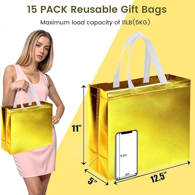 VGOODALL 15PCS Gold Gift Bags with Handles, 12.6 x 5 x 11 Reusable Large Party Favor Bags for Birthday, Wedding