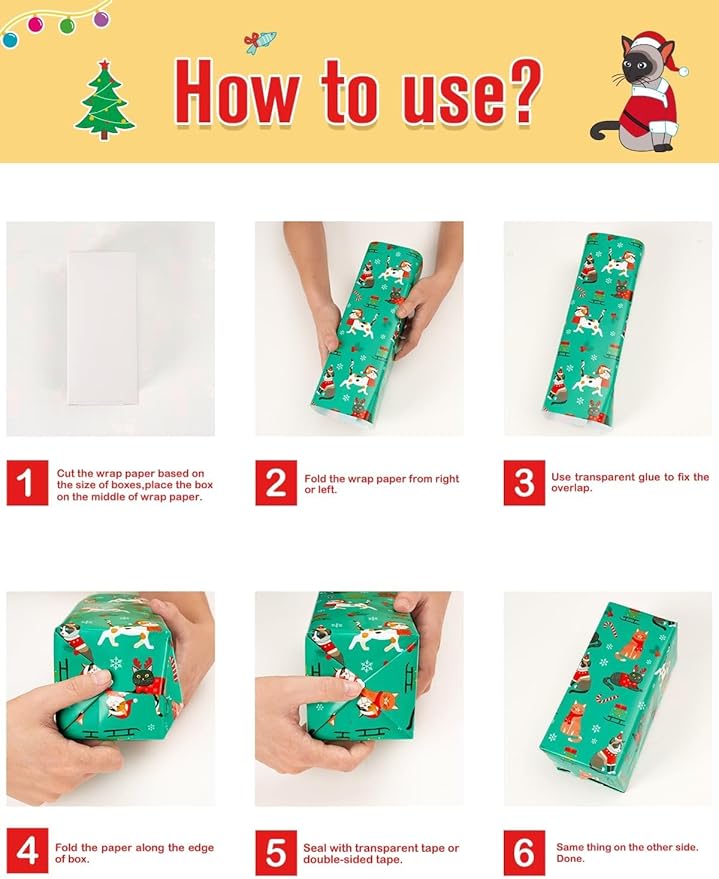 WERNNSAI Cat Christmas Wrapping Paper Rolls - 3 Rolls 17” x 120” Kids Cat Christmas Wrapping Paper Medium Roll Set Funny Kitten Christmas Wrapping paper Xmas Rolls Party Gift Decoration, for Girls/Boys