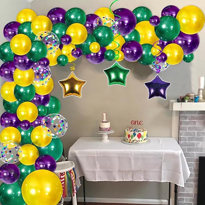 Mardi Gras Decorations Balloons Garland Arch Kit - Purple Green Gold Dot Banner & Hanging Swirls for Birthday Party Decor Supplies