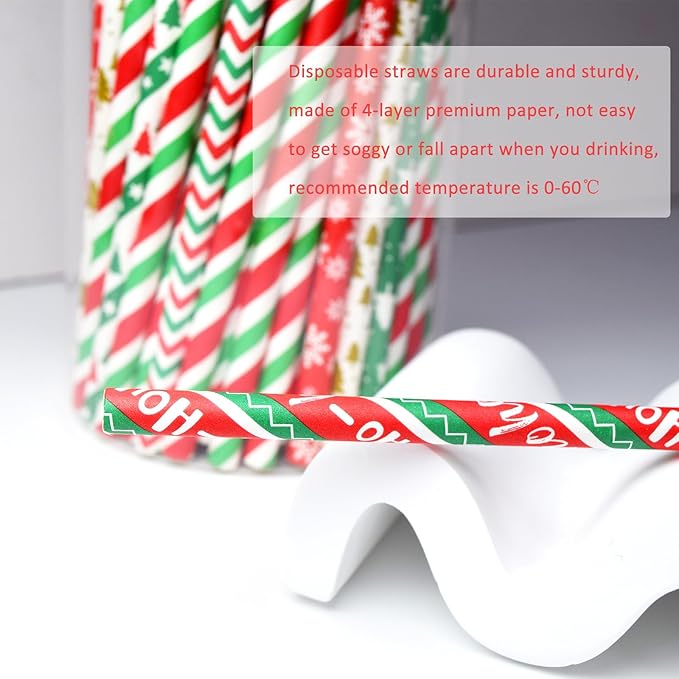 100 Christmas Paper Straws, 8 Styles Red Green White Gold Biodegradable Party Drinking Straws with Stripe, Wave, Christmas Tree Snowflake Design Decorations Supplies