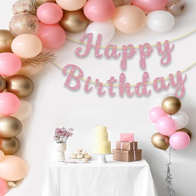 Pre-Strung Glitter Happy Birthday Banner Signs Birthday Garlands Banners Flag for Women Men Party Backdrop Decorations Pink