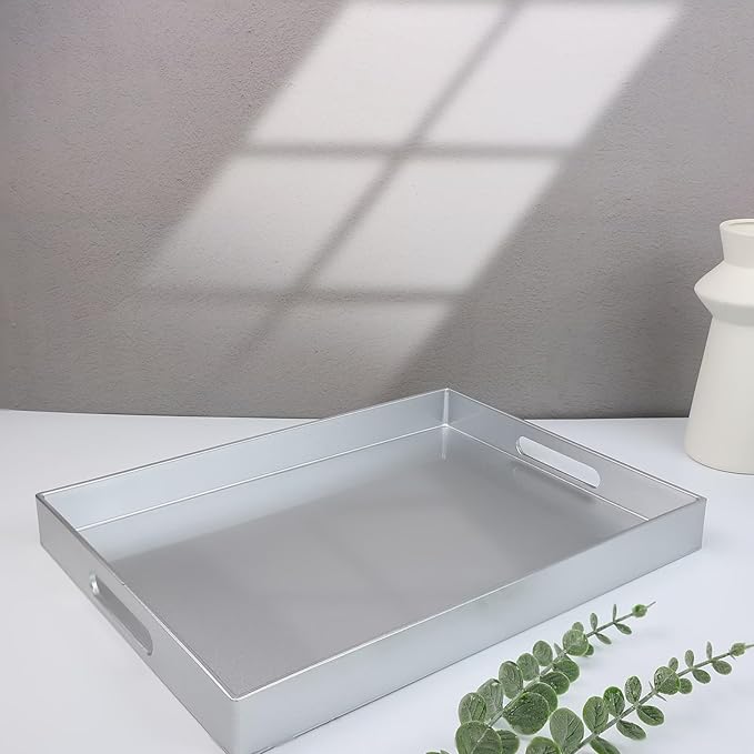 Spsyrine Silver Plastic Serving Tray for Ottoman, Coffee Table, Rectangle Decorative Tray for Entertaining, Outdoor, Living Room, Home Decor