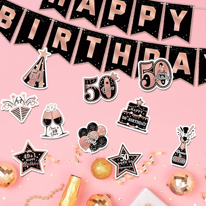 50th Birthday Decorations for Women, Pre-Strung Black Rose Gold Happy Birthday Banner Balloons Backdrop Honeycomb Centerpieces & Hanging Swirl Streamers, 50 Years Old Birthday Party Decorations Kit