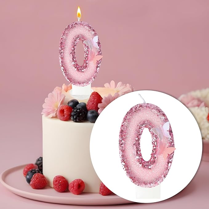 Birthday Candles,Glitter Butterfly Cake Toppers Pink Sequins Wedding Numeral Cupcake Decorations,Suitable for Girl and boy Wedding Cakes, Party Celebrations, Birthday Decorations (Number 0)