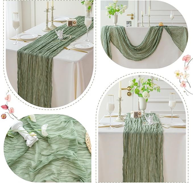 Sioloc Sage Green Cheesecloth Table Runner 120'' x 35'',Spring Easter Decor Soft Gauze Boho Wedding Table Decor for 10ft Table Birthday Party,Baby Shower, Bridal Shower, Home & Event Decor