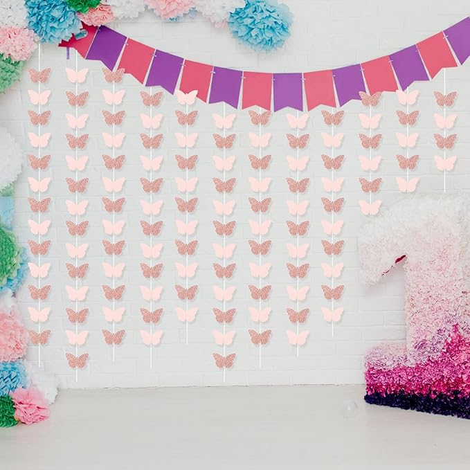 40 Feet Rose Gold Birthday Banner Streamers Butterfly Garland Paper Banner Hanging Party Supplies,Spring Hanging Butterfly Party Banner Mother Day Butterfly Hanging Decorations Wedding Baby Shower