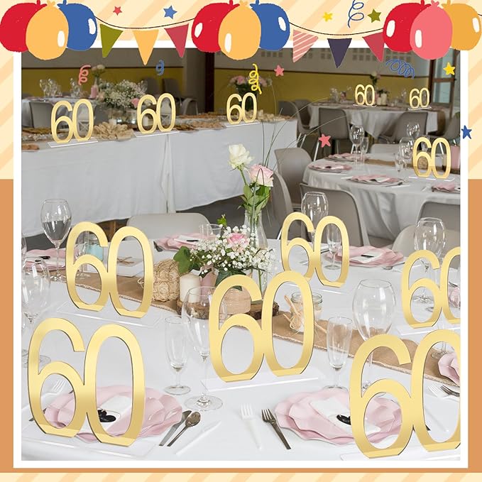 Threehoney 12 Pcs Mirror Gold 60th Birthday Decorations for Men and Women Acrylic Anniversary Decorations Table Numbers Centerpieces for Birthday Party