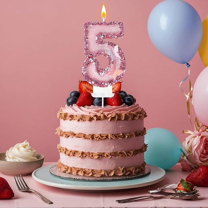 5th Birthday Candles,Glitter Butterfly Cake Toppers Pink Sequins Wedding Numeral Cupcake Decorations,Suitable for Girl and boy Wedding Cakes, Party Celebrations, Birthday Decorations